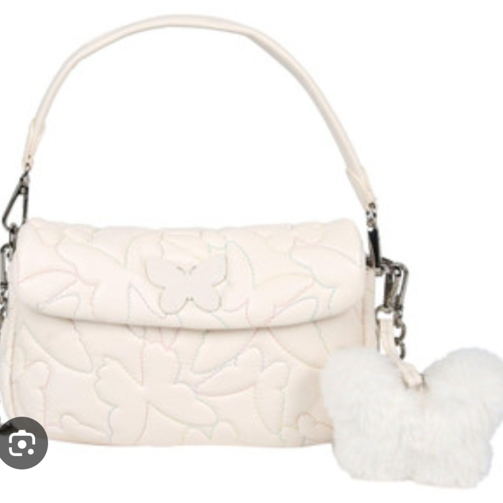 Betsey Johnson Cream Quilted Shoulder Bag with Butterfly Charm